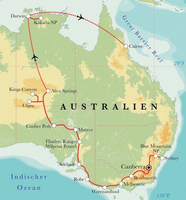 Route Rundreise Australien, 28 Tage Route Rundreise Australien, 28 Tage