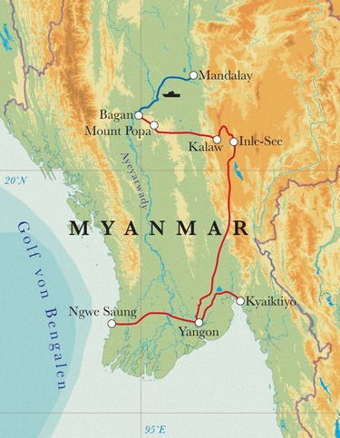 Route Rundreise Myanmar, 17 Tage Route Rundreise Myanmar, 17 Tage