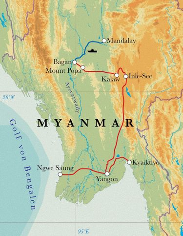 Route Rundreise Myanmar, 21 Tage Route Rundreise Myanmar, 21 Tage