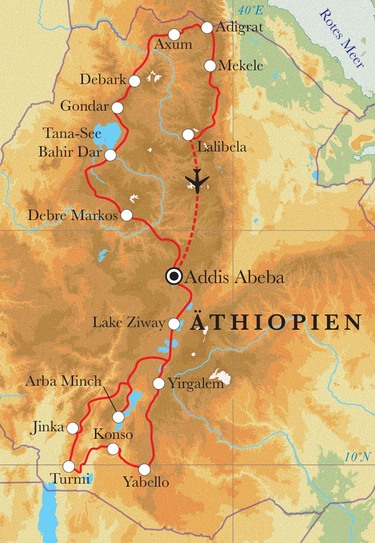 Route Rundreise Äthiopien, 15 Tage Route Rundreise Äthiopien, 15 Tage