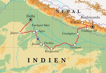 Route Rundreise Nordindien & Nepal, 23 Tage Route Rundreise Nordindien & Nepal, 23 Tage