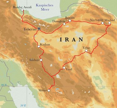 Route Rundreise Iran, 21 Tage Route Rundreise Iran, 21 Tage