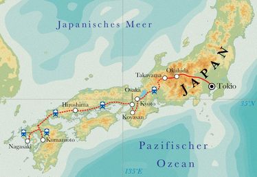 Route Rundreise Japan, 21/22 Tage Route Rundreise Japan, 21/22 Tage