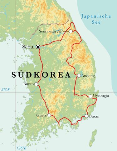 Route Rundreise Südkorea, 15 Tage Route Rundreise Südkorea, 15 Tage