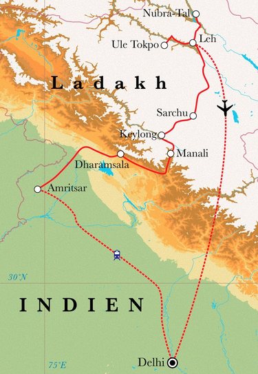 Route Rundreise Ladakh, 22 Tage Route Rundreise Ladakh, 22 Tage