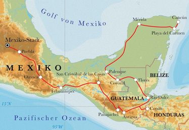 Route Rundreise Mexiko & Guatemala mit Honduras, 24 Tage Route Rundreise Mexiko & Guatemala mit Honduras, 24 Tage