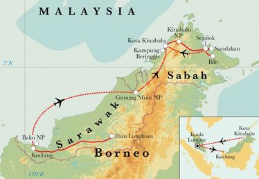 Route Rundreise Malaysia: Borneo, 19 Tage Route Rundreise Malaysia: Borneo, 19 Tage