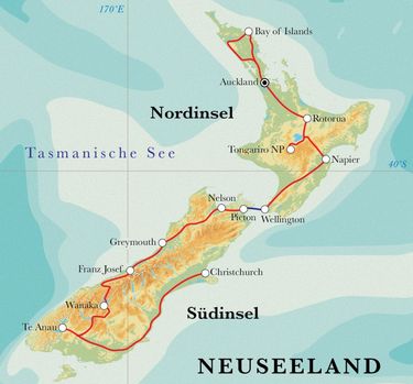 Route Rundreise Neuseeland, 25 Tage Route Rundreise Neuseeland, 25 Tage