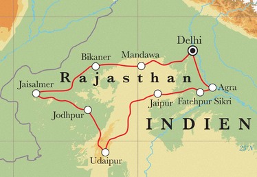Route Rundreise Rajasthan, 17 Tage Route Rundreise Rajasthan, 17 Tage