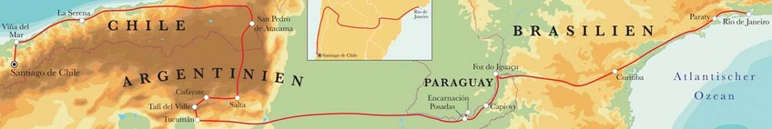 Route Rundreise Von Santiago de Chile nach Rio de Janeiro, 28 Tage Route Rundreise Von Santiago de Chile nach Rio de Janeiro, 28 Tage