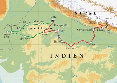 Route Rundreise Rajasthan, Nordindien & Nepal, 30 Tage Route Rundreise Rajasthan, Nordindien & Nepal, 30 Tage