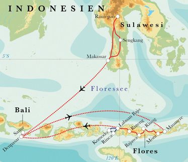 Route Rundreise Indonesien: Sulawesi, Flores, Komodo & Bali, 22 Tage Route Rundreise Indonesien: Sulawesi, Flores, Komodo & Bali, 22 Tage
