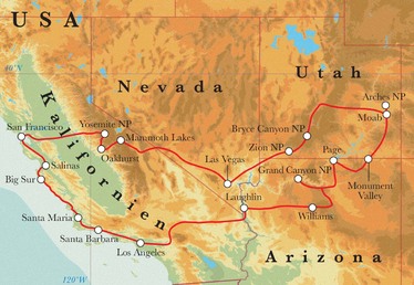Route Rundreise USA - der Westen, 21 Tage Route Rundreise USA - der Westen, 21 Tage