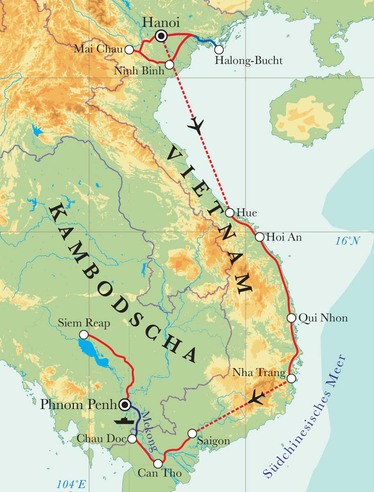Route Rundreise Vietnam & Kambodscha, 27 Tage Route Rundreise Vietnam & Kambodscha, 27 Tage