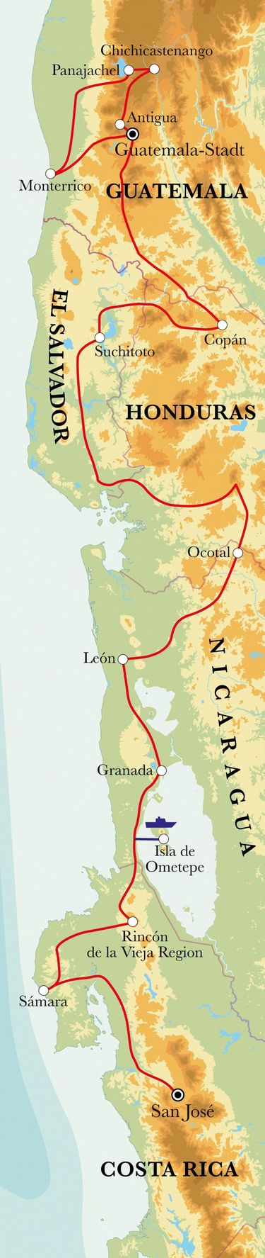 Route Rundreise Von Guatemala-Stadt nach San José, 22 Tage Route Rundreise Von Guatemala-Stadt nach San José, 22 Tage
