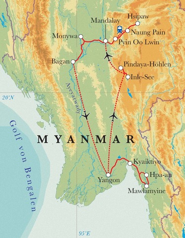 Route Rundreise Myanmar, 22 Tage Route Rundreise Myanmar, 22 Tage