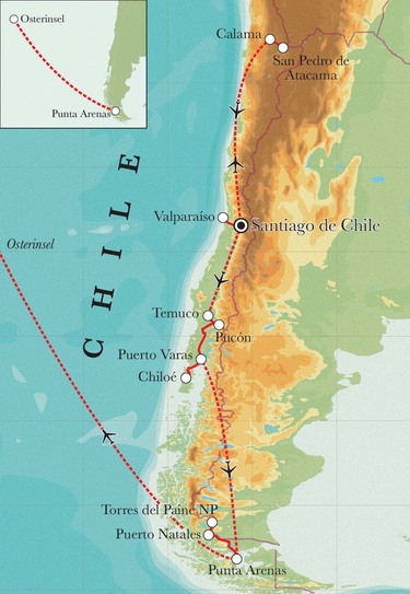 Route Rundreise Chile mit Osterinsel, 23 Tage Route Rundreise Chile mit Osterinsel, 23 Tage