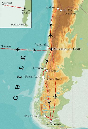 Route Rundreise Chile mit Osterinsel, 23 Tage Route Rundreise Chile mit Osterinsel, 23 Tage