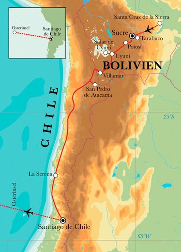 Route Rundreise Bolivien, Chile & Osterinsel, 23 Tage Route Rundreise Bolivien, Chile & Osterinsel, 23 Tage