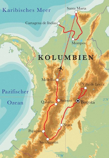 Route Rundreise Kolumbien, 21 Tage Route Rundreise Kolumbien, 21 Tage