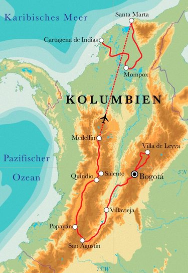 Route Rundreise Kolumbien, 21 Tage Route Rundreise Kolumbien, 21 Tage