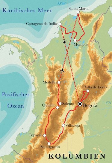 Route Rundreise Kolumbien, 21 Tage Route Rundreise Kolumbien, 21 Tage