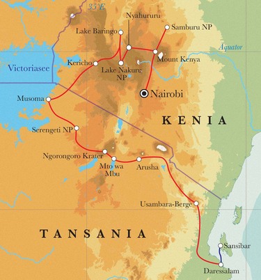 Route Rundreise Kenia, Tansania & Sansibar Zeltsafari, 21 Tage Route Rundreise Kenia, Tansania & Sansibar Zeltsafari, 21 Tage