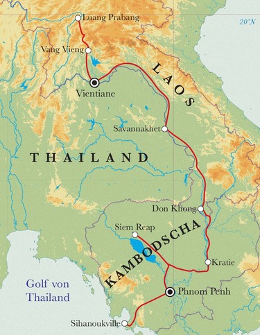 Route Rundreise Laos & Kambodscha, 22 Tage Route Rundreise Laos & Kambodscha, 22 Tage