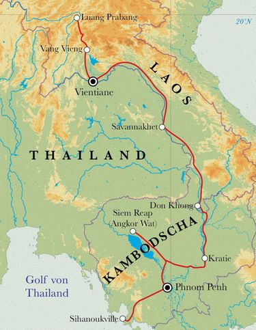 Route Rundreise Laos & Kambodscha, 22 Tage Route Rundreise Laos & Kambodscha, 22 Tage