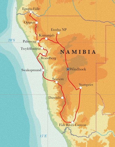 Route Rundreise Namibia, 22 Tage Zeltsafari Route Rundreise Namibia, 22 Tage Zeltsafari