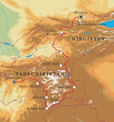 Route Rundreise Tadschikistan & Kirgistan, 14 Tage Route Rundreise Tadschikistan & Kirgistan, 14 Tage