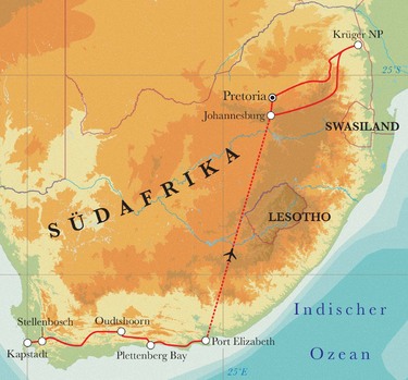 Route Rundreise Südafrika, 15 Tage Route Rundreise Südafrika, 15 Tage
