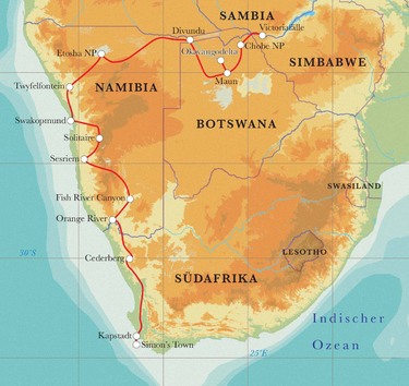 Route Rundreise Südafrika, Namibia, Botswana & Simbabwe, 24 Tage Zeltsafari Route Rundreise Südafrika, Namibia, Botswana & Simbabwe, 24 Tage Zeltsafari