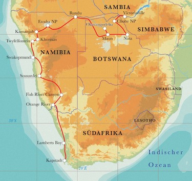 Route Rundreise Südafrika, Namibia, Botswana & Simbabwe, 24 Tage Hotel- & Lodgesafari Route Rundreise Südafrika, Namibia, Botswana & Simbabwe, 24 Tage Hotel- & Lodgesafari