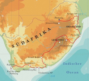 Route Rundreise Südafrika, Lesotho & Swasiland, 22 Tage Route Rundreise Südafrika, Lesotho & Swasiland, 22 Tage