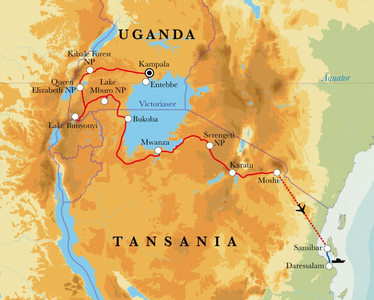 Route Rundreise Uganda, Tansania & Sansibar, 22 Tage Route Rundreise Uganda, Tansania & Sansibar, 22 Tage