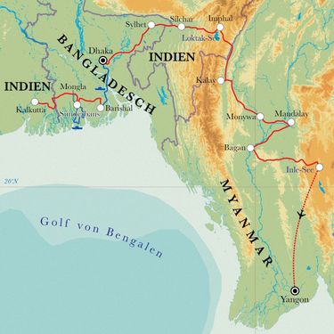 Route Rundreise Von Kalkutta nach Yangon, 22 Tage Route Rundreise Von Kalkutta nach Yangon, 22 Tage