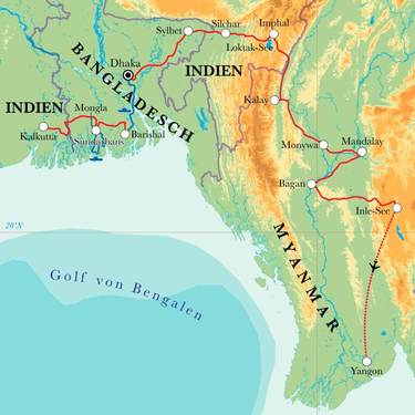 Route Rundreise Von Kalkutta nach Yangon, 22 Tage Route Rundreise Von Kalkutta nach Yangon, 22 Tage