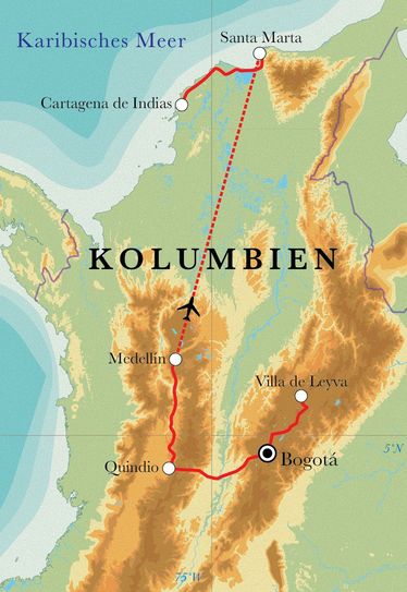 Route Rundreise Kolumbien, 14 Tage Route Rundreise Kolumbien, 14 Tage