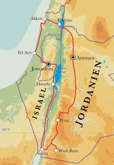 Route Rundreise Israel mit Palästina & Jordanien, 15 Tage Route Rundreise Israel mit Palästina & Jordanien, 15 Tage