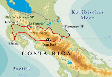 Route Rundreise Costa Rica, 15 Tage Route Rundreise Costa Rica, 15 Tage
