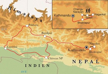 Route Rundreise Nepal, 16 Tage Route Rundreise Nepal, 16 Tage