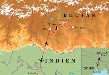 Route Rundreise Bhutan, 13 Tage Route Rundreise Bhutan, 13 Tage