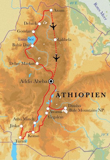 Route Rundreise Äthiopien, 24 Tage Route Rundreise Äthiopien, 24 Tage